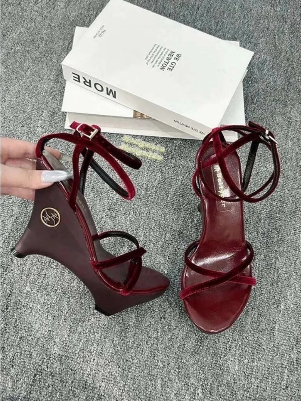 New Women’s Strappy Wedge Sandals in Burgundy